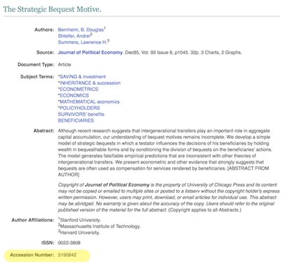 Accession number for atricles in EBSCOhost.